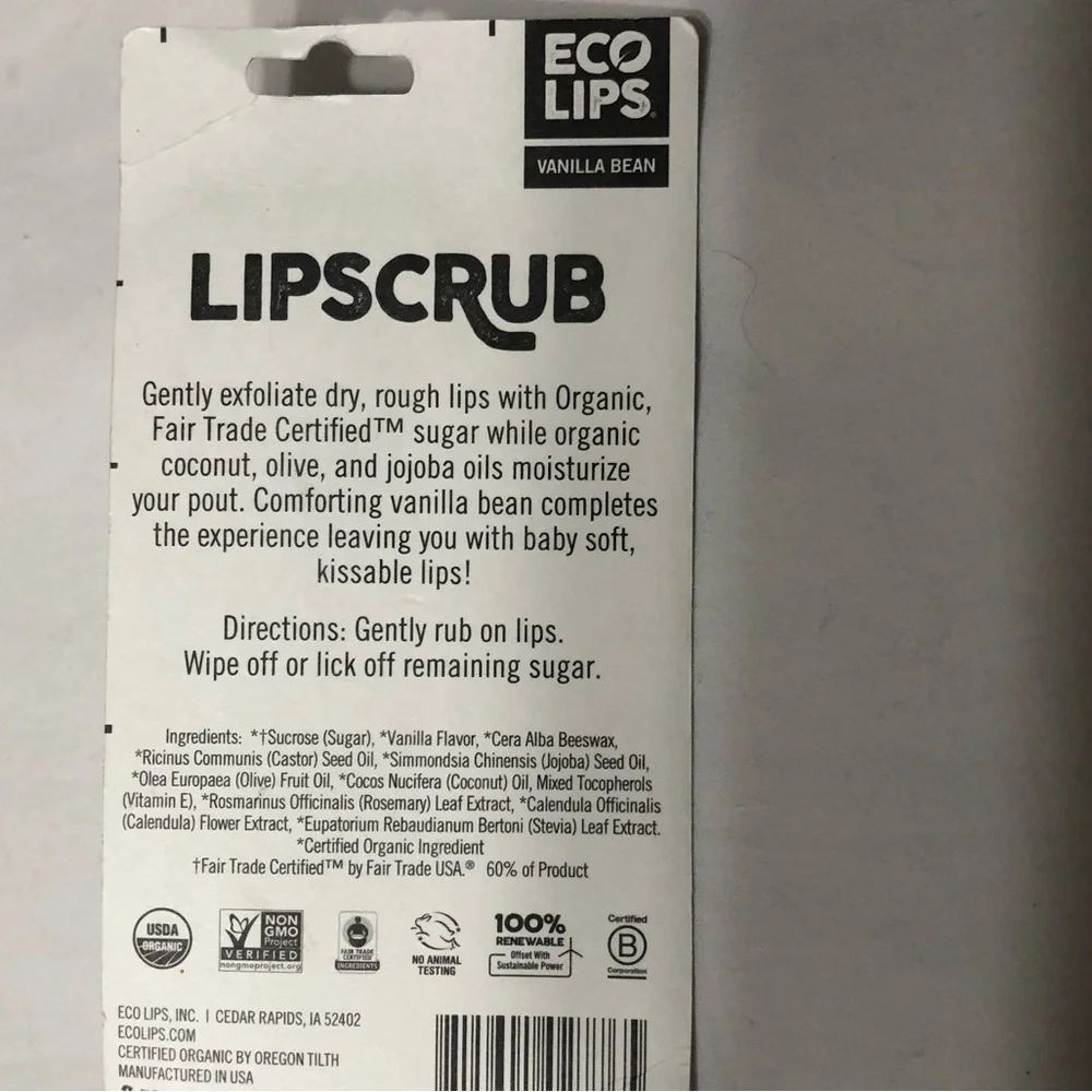 Eco LipsCrub Organic exfoliating moisturizing Vanilla Beans..56oz